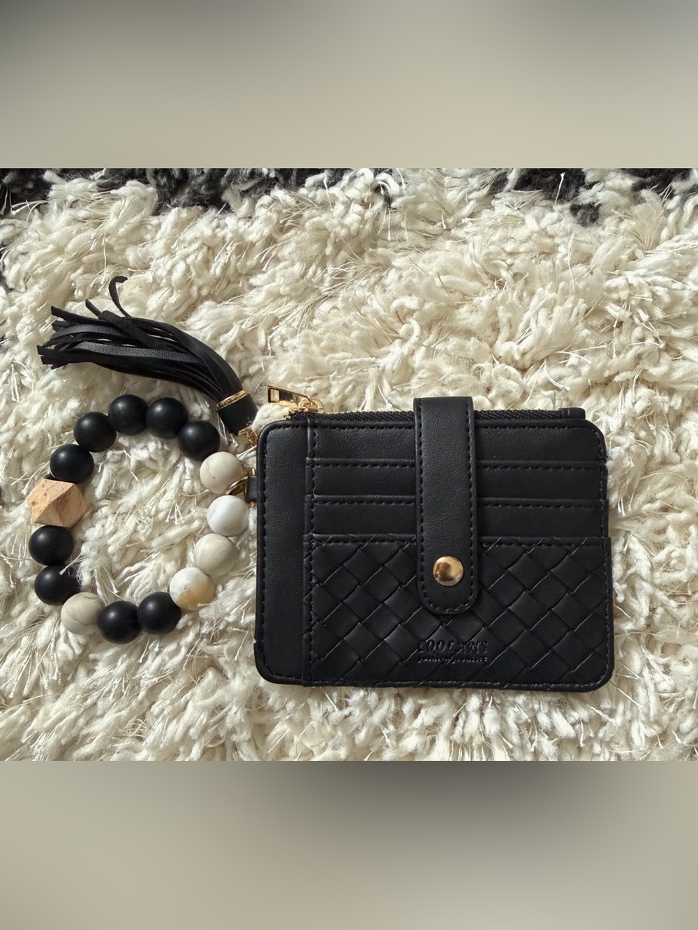 Black Woven Card Wallet with‎ Beaded Wristlet